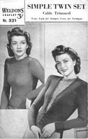 vintage knitting pattern for ladies twin set with cable trin from 1940s watime