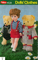 Vintage knitting pattern for dolls and bears. This pattern has two teddy outfits and walker dolls skirt and jumper