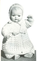 Vintage knitting pattern for dolls. Lovely dress set in double knitting with mitinee coat, dress, bonnet and bootees to fit 12", 14" and 16" dolls