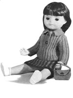 Great vintage doll knitting pattern for 16-17 inch girl doll. This little set is for a jumper and check skirt